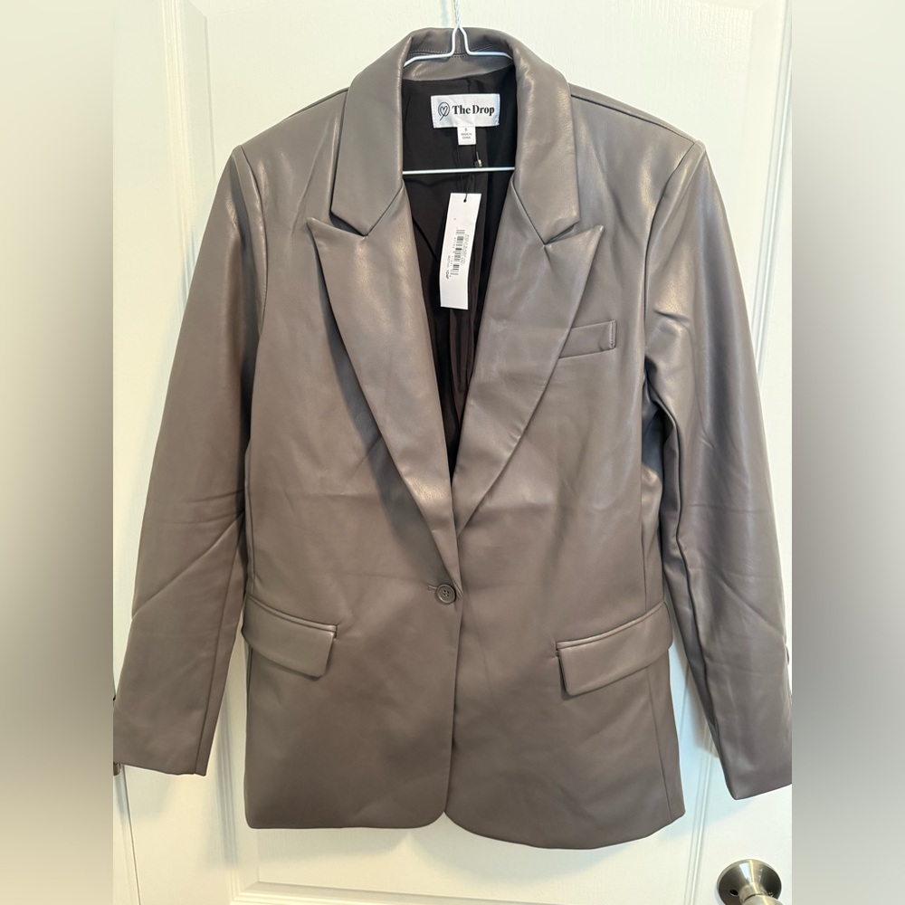 The Drop Women's Faux Leather Blazer in Grey Size Small